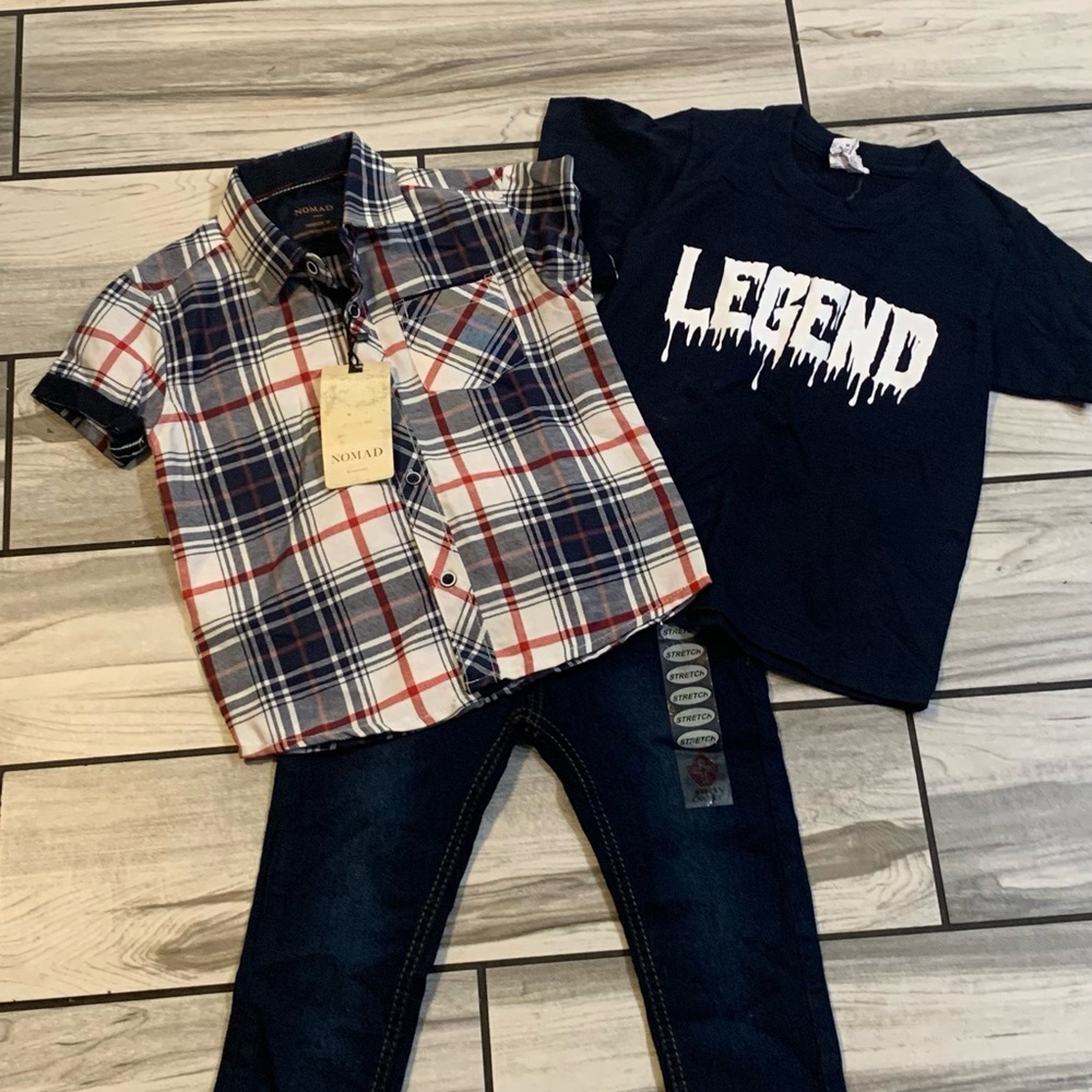 Plaid Short Sleeve Shirt and Navy Graphic Tee Set